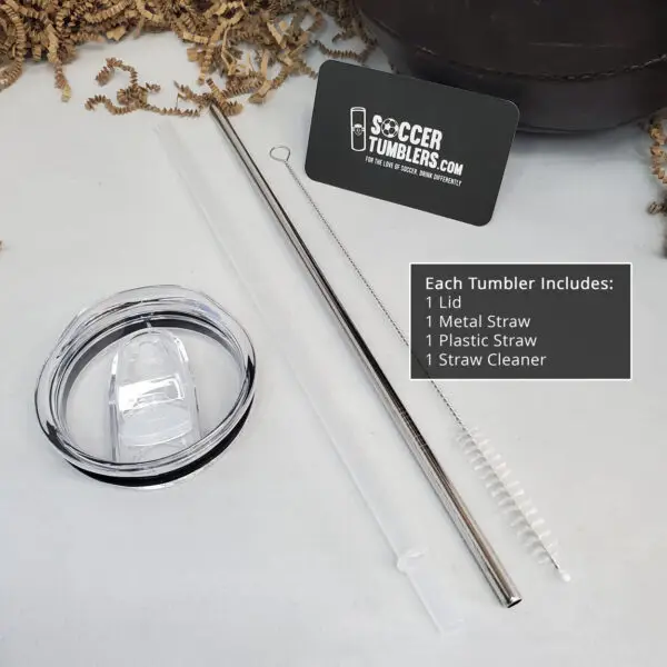 Accessories included with tumbler: 1 lid, 1 metal straw, 1 plastic straw, 1 straw cleaner